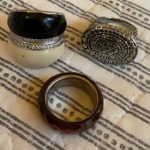 Costume rings copper Faceted glass band, black and cream ,& silver stamp